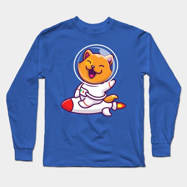 Cute Cat Astronaut Riding Rocket Cartoon Long Sleeve T-Shirt by Catalyst Labs